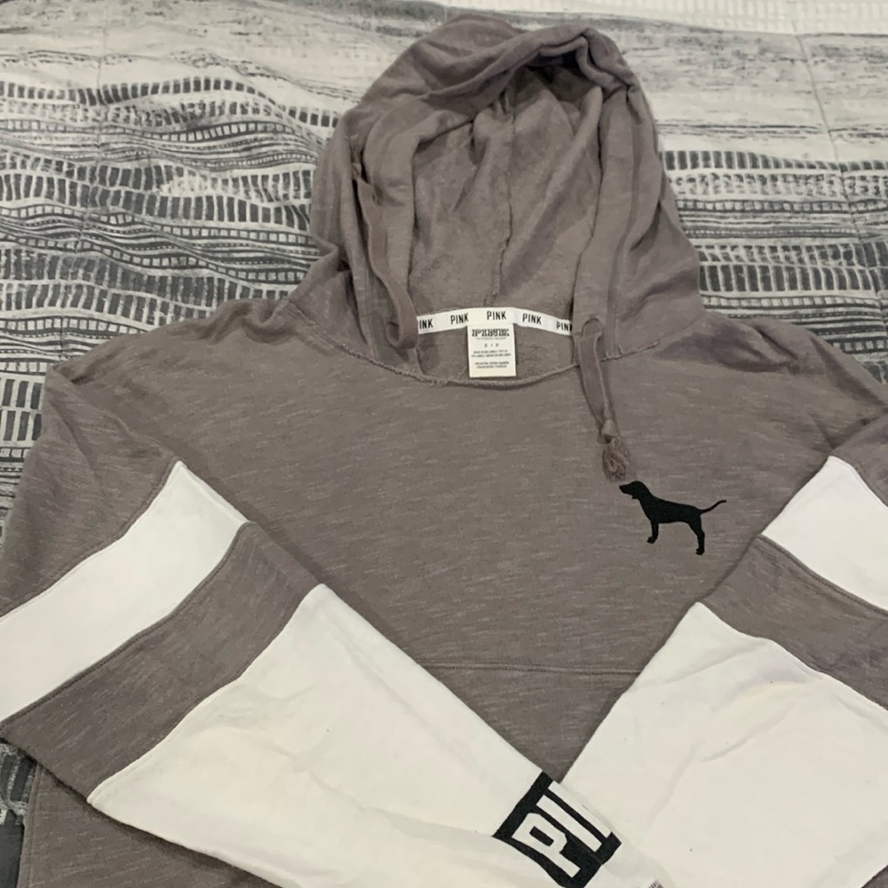 Lightweight PINK hoodie. Gently used. Grey and white.